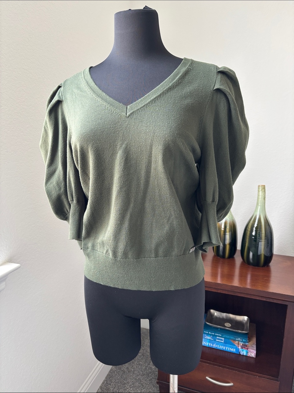 DKNY Olive Green V-Neck Puff Sleeve Sweater